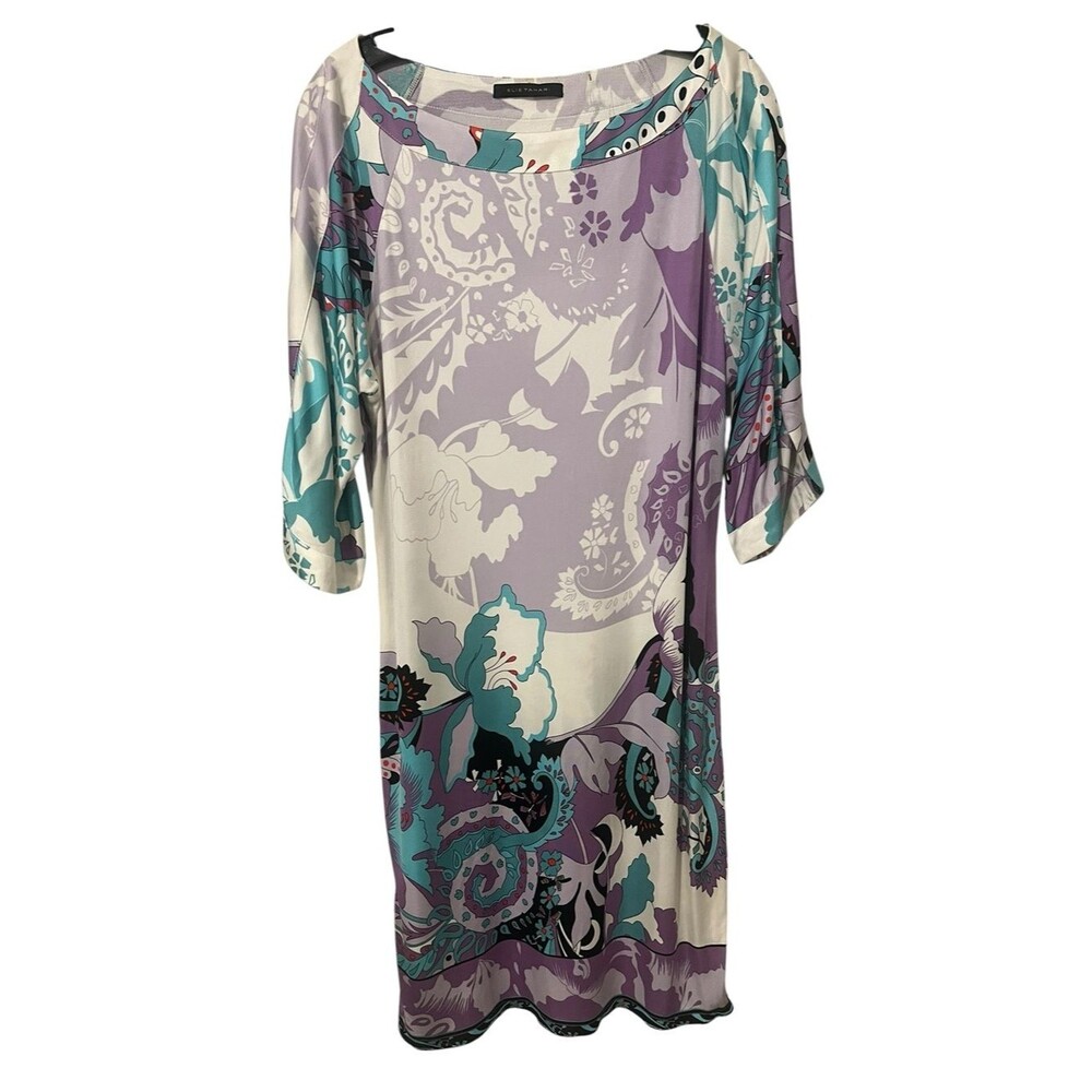 Elie Tahari Silk Midi Dress Purple Teal Paisley Floral Old Money Luxury L